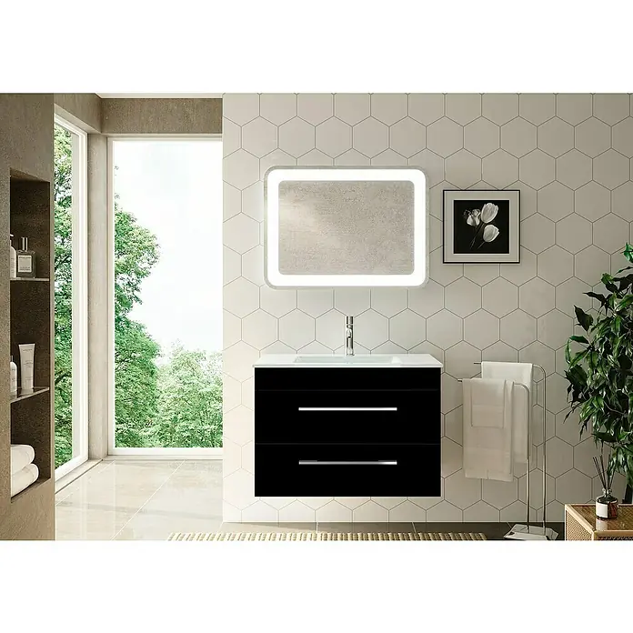 Camargue Stella K Badmöbel-Set K22RS - 80 cm, Schwarz, Stufenlose Lichttemperaturverstellung - Modernes Badezimmer mit schwarzem Unterschrank, beleuchtetem Spiegel und minimalistischem Design. Das Badmöbel verleiht dem Raum Eleganz.