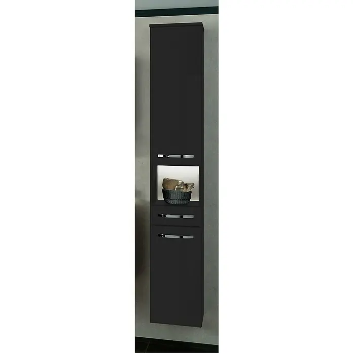Camargue Star Hochschrank - 30,4 x 32,5 x 181,6 cm, Schwarz, DIN Anschlag: Rechts - Schwarzer Badezimmer-Hochschrank mit offenen Fach und zwei Fächern. Stilvolle Badmöbel zur Aufbewahrung von Badutensilien.