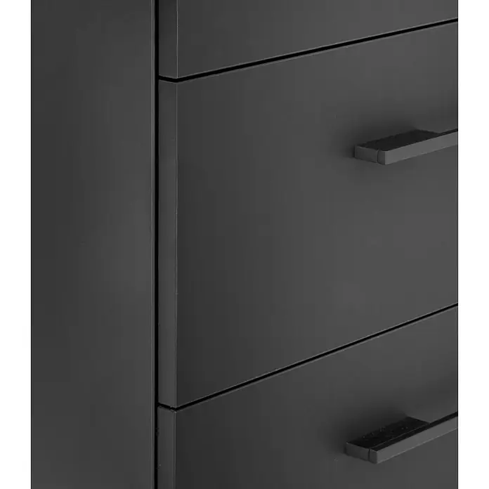 Camargue Stella K Waschtischunterschrank - 79,4 x 48,9 x 55 cm, Ohne Beleuchtung, Schwarz - Nahaufnahme eines modernen schwarzen Schubladenschranks mit minimalistischen Griffen, der elegantes Design und Funktionalität vereint.