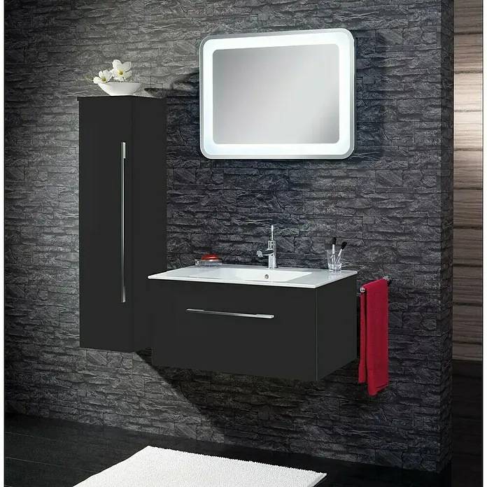Camargue Stella K Midischrank - 31,2 x 32,5 x 121,4 cm, Schwarz, DIN Anschlag: Links - Modernes Badezimmer-Ensemble mit schwarzem Waschtischunterschrank, Spiegelschrank mit Beleuchtung und Hochschrank.