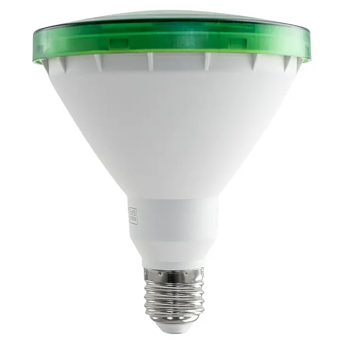 Alverlamp Bombilla LED Par38 - 12 W, 1.030 lm - Primer plano de una lámpara PAR con una lente verde en la parte superior, aislada sobre un fondo negro.