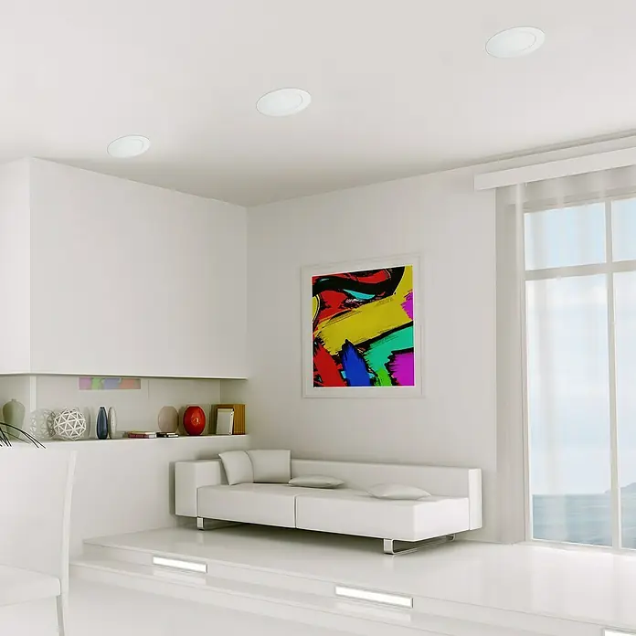 Alverlamp Downlight empotrable LED redondo Blanco - 6 W, Ø x Al: 12 x 2 cm, Blanco, Blanco neutro - La imagen muestra un espacio de estar moderno con luces de techo blancas que crean un ambiente luminoso y acogedor.