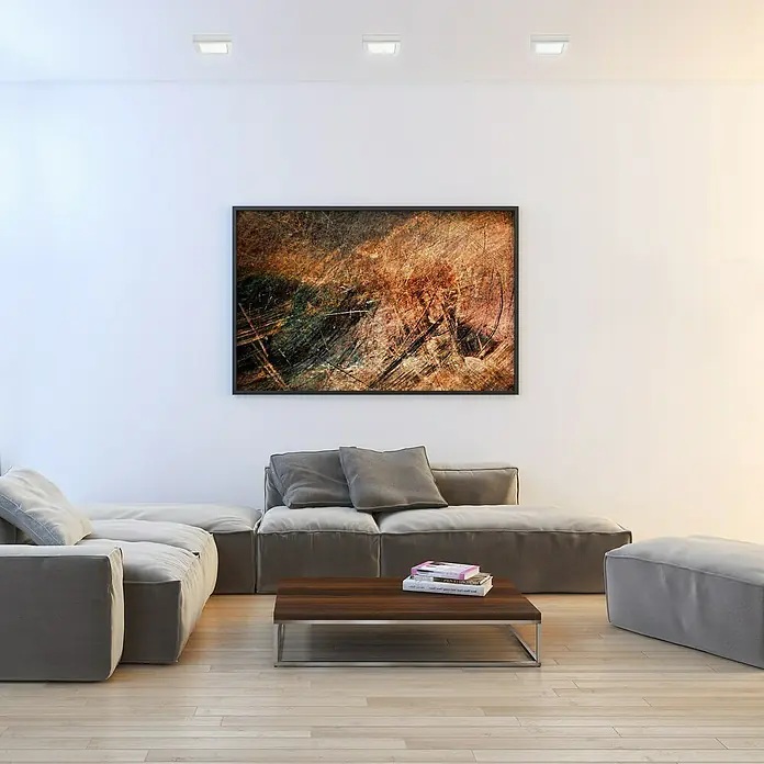 Alverlamp Plafón LED - 12 W, L x An x Al: 17,4 x 17,4 x 4 cm, Blanco, Blanco cálido - Un salón moderno con sofás grises, una mesa de madera y una obra de arte abstracta, todo iluminado por focos empotrados.