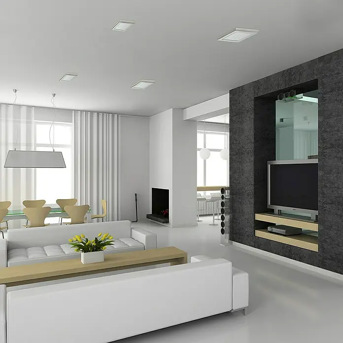 Alverlamp Plafón LED - 20 W, L x An x Al: 22,5 x 22,5 x 4 cm, Blanco, Blanco frío - Un salón moderno con muebles blancos, un televisor gris y luces de techo que crean un ambiente luminoso y acogedor.