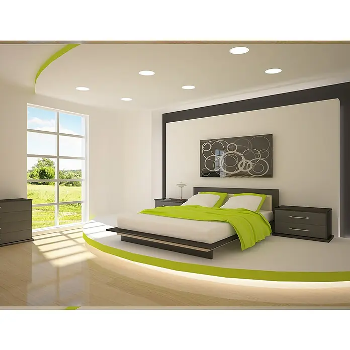 Alverlamp Downlight empotrable LED redondo Blanco - 4 W, Ø x Al: 10,6 x 2 cm, Blanco, Blanco cálido - Habitación luminosa con cama moderna, mesitas de noche y obra de arte. La iluminación verde acentúa la relajación y el estilo.