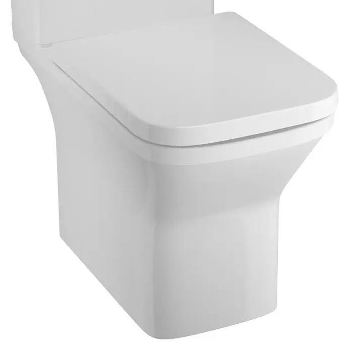 Camargue Los Angeles Stand-WC für KombinationSpülrandlos, Ohne Spezialglasur, Spülform: Tief, WC Abgang: Waagerecht, Weiß, Ohne Porzellan-Spülkasten - Nahaufnahme einer modernen, weißen Toilette mit quadratischem Design, ideal für stilvolle Badezimmer.