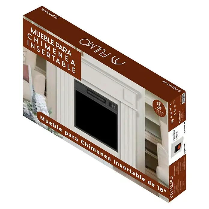 Fulmo Mueble para chimenea Picasso - L x An x Al: 26 x 90 x 80,5 cm, Madera, Blanco - Embalaje para un inserto de chimenea eléctrica Fulmo de 18", con una imagen del producto terminado.