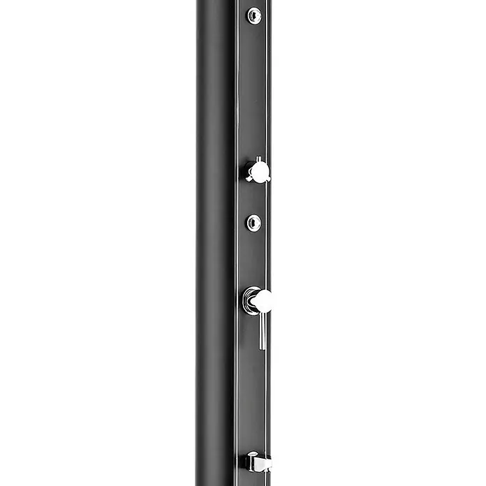Gre Ducha solar 32 L - Altura: 210 cm, Aluminio, Negro, 32 l - Primer plano de una columna de ducha negra con accesorios y detalles plateados para uso exterior.