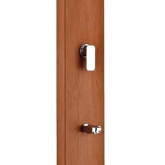 Gre Ducha solar 32 L - Altura: 225 cm, Aluminio, Marrón, 32 l - Un panel de madera con dos perchas de plata modernas, ideal para el baño o el pasillo, que ofrece un almacenamiento elegante para toallas y ropa.