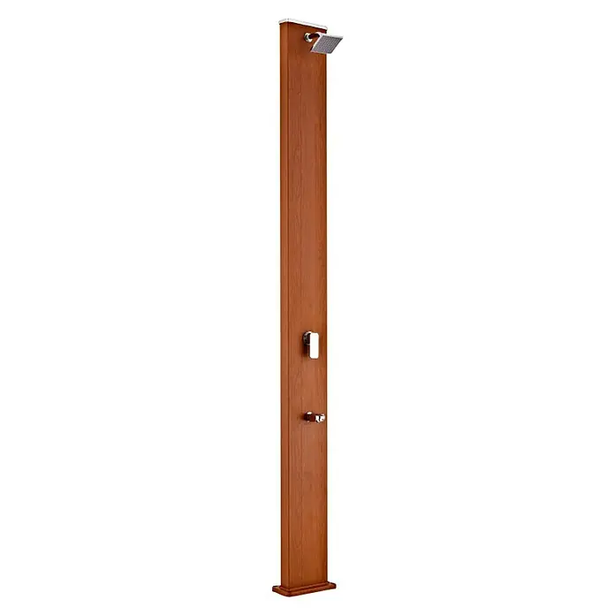 Gre Ducha solar 32 L - Altura: 225 cm, Aluminio, Marrón, 32 l - Esta imagen muestra un elegante panel de ducha con aspecto de madera y detalles cromados, que complementa un diseño de baño moderno.