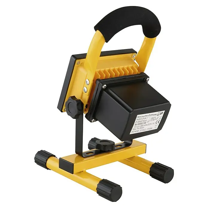 Globo LED-Akkustrahler - 600 lm, Lichtfarbe: Kaltweiß, IP54 - Gelbe LED-Arbeitsleuchte mit schwarzem Griff und schwarzem Sockel, ideal für Baustellen und Werkstätten. Robust und flexibel einsetzbar.