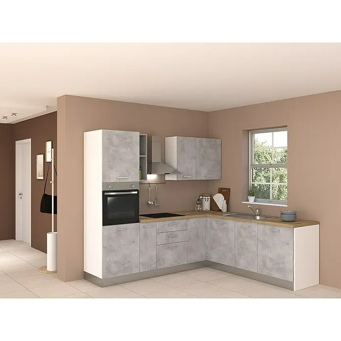 Marinelli Cucine Vormontierte Winkelküche Cassiopea - B x T: 250 x 225 cm, Hellgrau, Mit Elektrogeräten, Spüle rechts - Eine moderne Küche mit Betonoptik, hellem Holz und weißen Akzenten. Das Design ist funktional und ästhetisch ansprechend.