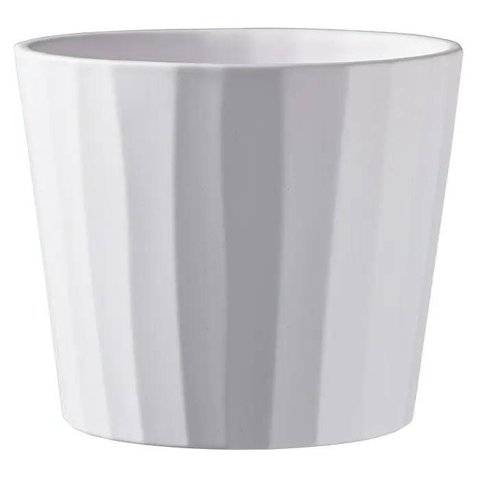 Soendgen Keramik Übertopf rund Umea Pure - Außenmaß (Ø x H): 13 x 11 cm, Weiß, Keramik, Matt - Abgebildet ist ein schlichter, weißer, gerippter Blumentopf, ideal für Zimmerpflanzen und zur Dekoration von Wohnräumen.