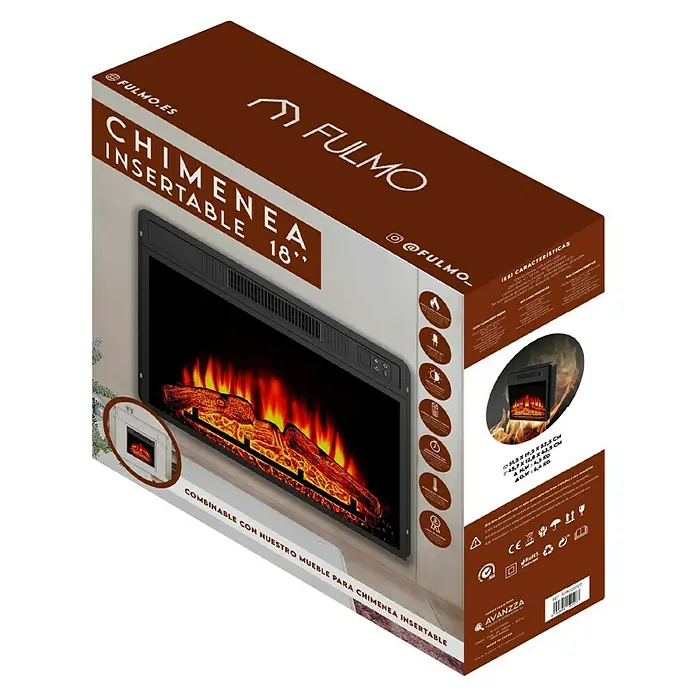 Fulmo Chimenea eléctrica Picasso - Negro, 1.800 W - 2.000 W, L x An x Al: 12,8 x 45,7 x 43,5 cm - Embalaje del producto para una chimenea eléctrica insertable Fulmo, mostrando efectos de llama realistas y la marca Fulmo.