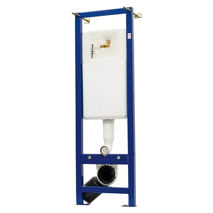 Siamp WC-Vorwandelement BH-WC-001 - 2-Mengen-Spülung, 18 x 36 x 118 cm - Vorwandelement für ein Wand-WC mit einem Spülkasten, eingebaut in einem blauen Stahlrahmen mit Befestigungselementen.