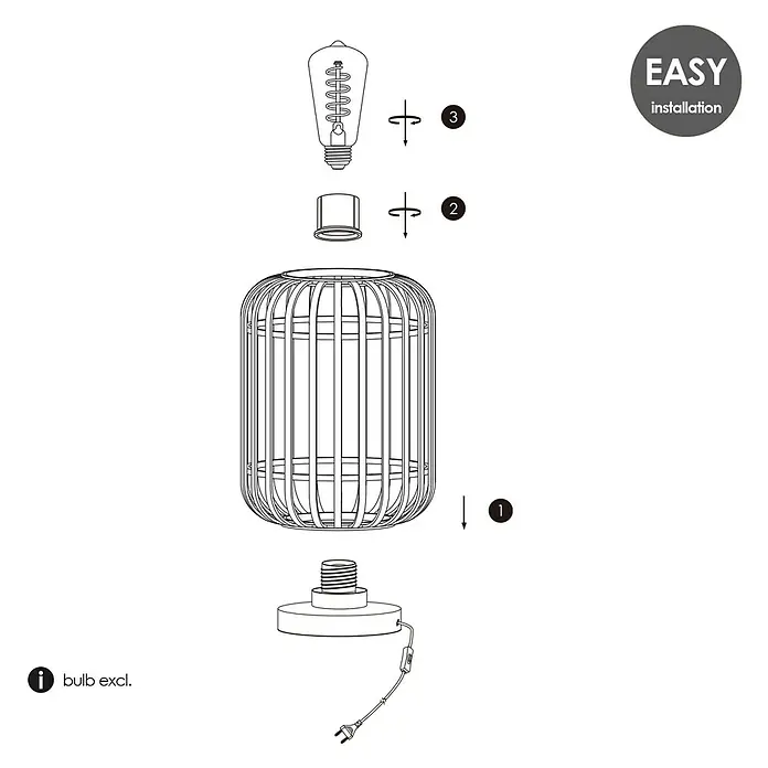 Home Sweet Home Bamboo Tischleuchte - 10 W, L x B x H: 21,5 x 21,5 x 30 cm, Schwarz, E27 - Anleitung für eine stilvolle Lampe: Befestigen Sie zuerst den Lampenfuß, dann die Fassung und setzen Sie zum Schluss die Glühbirne in die Leuchte ein.