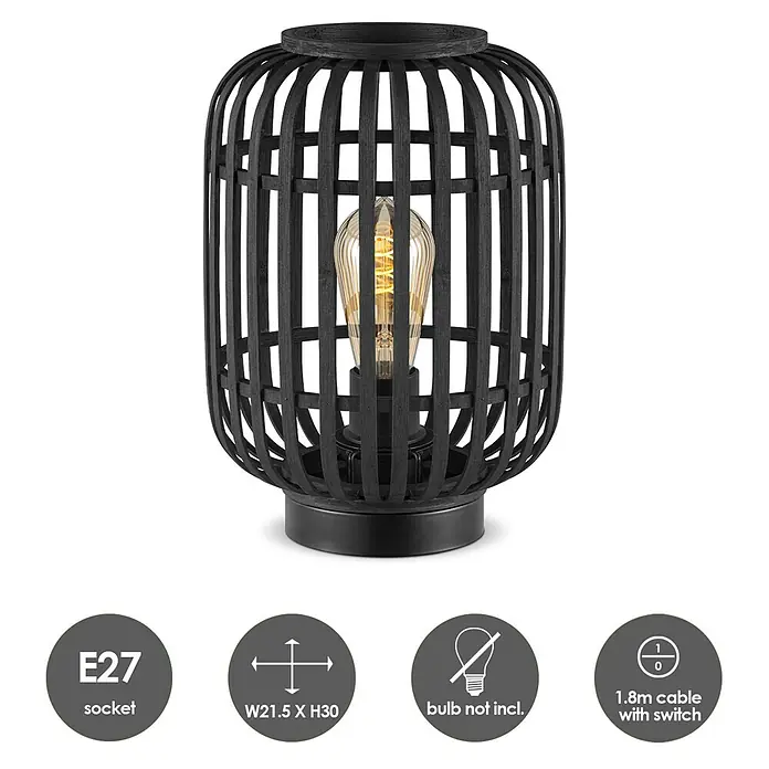 Home Sweet Home Bamboo Tischleuchte - 10 W, L x B x H: 21,5 x 21,5 x 30 cm, Schwarz, E27 - Schwarze Tischleuchte im Laternen-Design mit E27-Fassung, ideal für stimmungsvolle Beleuchtung im Innenbereich.
