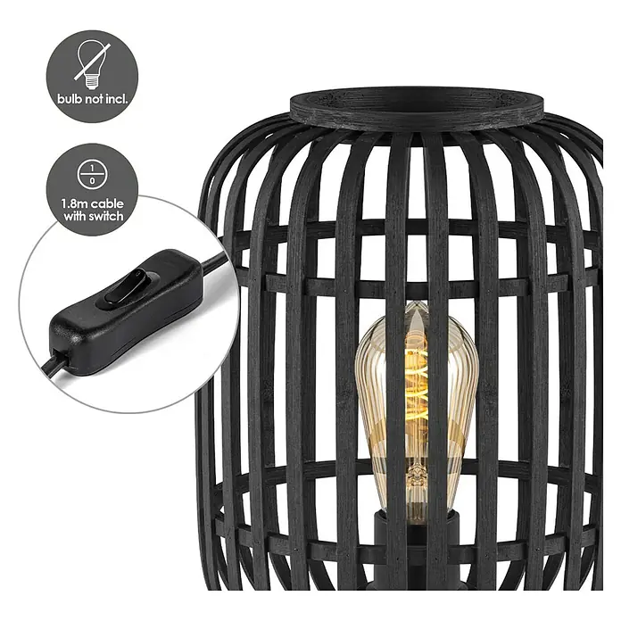 Home Sweet Home Bamboo Tischleuchte - 10 W, L x B x H: 21,5 x 21,5 x 30 cm, Schwarz, E27 - Nahaufnahme einer schwarzen Holzlaternenlampe mit Glühbirne und Kabel mit Schalter.