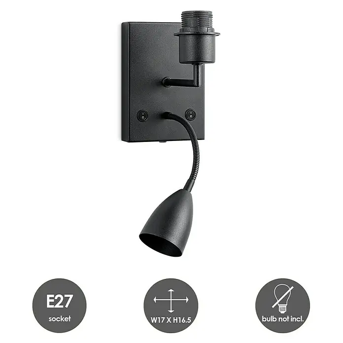 Home Sweet Home Wandleuchte Read - 10 W, L x B x H: 17 x 11 x 16,5 cm, Schwarz - Schwarze Wandleuchte mit E27-Fassung und flexiblem Arm, ideal als Leselampe. Leuchtmittel nicht enthalten.