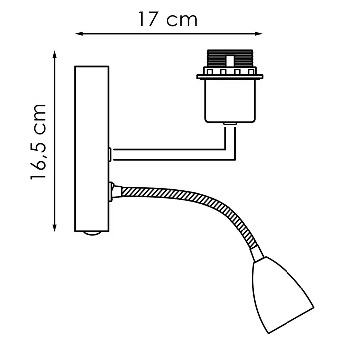 Home Sweet Home Wandleuchte Read - 10 W, L x B x H: 17 x 11 x 16,5 cm, Schwarz - Skizze einer Wandleuchte mit flexiblem Arm und den Maßen 17 cm Breite und 16,5 cm Höhe für eine präzise Darstellung.