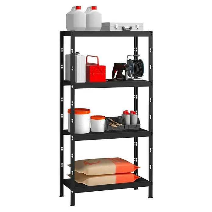 Schulte Metallregal - H x B x T: 195 x 100 x 50 cm, Anzahl Böden: 4 Stk., Stecken, Schwarz - Ein robustes Regal mit vier Ebenen, ideal für die Aufbewahrung von Werkzeugen, Farben und anderen Gegenständen in Garage oder Werkstatt.
