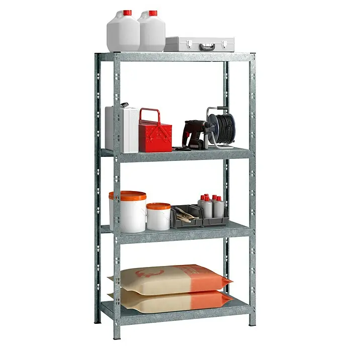 Schulte Metallregal - H x B x T: 195 x 100 x 50 cm, Anzahl Böden: 4 Stk., Stecken, Silber - Ein graues Regal mit vier Ablagen, gefüllt mit verschiedenen Gegenständen wie Kanistern, Werkzeugkisten und Behältern.