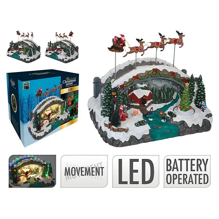 Aldea navideña LED Escena navideña - Multicolor, 28 x 34 x 23 cm - Escena navideña iluminada con LED, con movimiento y funciona con pilas. Ideal para decoraciones festivas de interior.