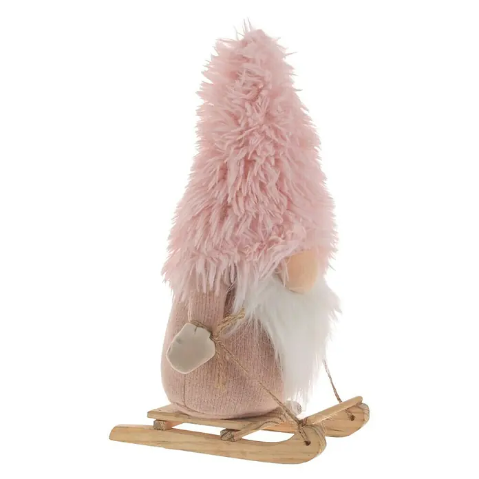 Figura LED navideña Gnomo rosa - 15 x 11 x 23 cm, Rosa - Un adorable gnomo rosa con sombrero esponjoso en un trineo de madera, una encantadora decoración navideña.