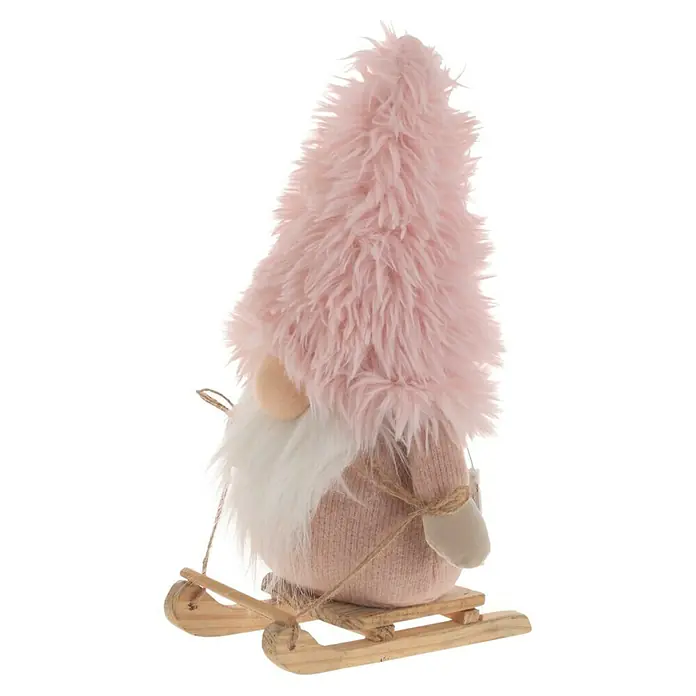 Figura LED navideña Gnomo rosa - 15 x 11 x 23 cm, Rosa - Adorable gnomo en trineo de madera con sombrero de piel rosa y barba blanca, una encantadora decoración invernal.
