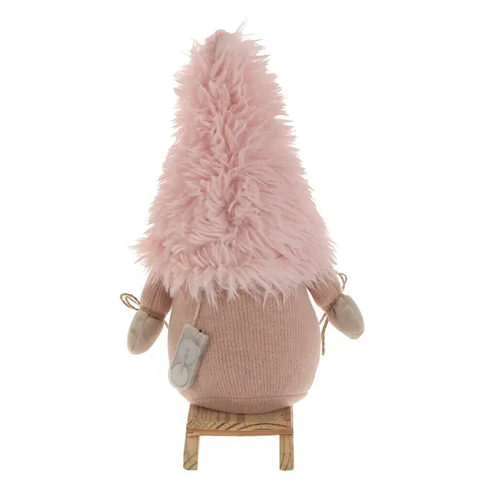 Figura LED navideña Gnomo rosa - 15 x 11 x 23 cm, Rosa - Gnomo decorativo rosa con gorro peludo y base de madera, ideal para crear una decoración acogedora y festiva en el hogar.