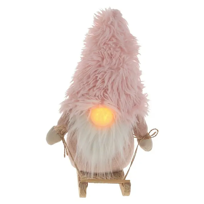 Figura LED navideña Gnomo rosa - 15 x 11 x 23 cm, Rosa - Lindo gnomo rosa navideño con luces, sentado en un columpio de madera, una decoración festiva para las fiestas.