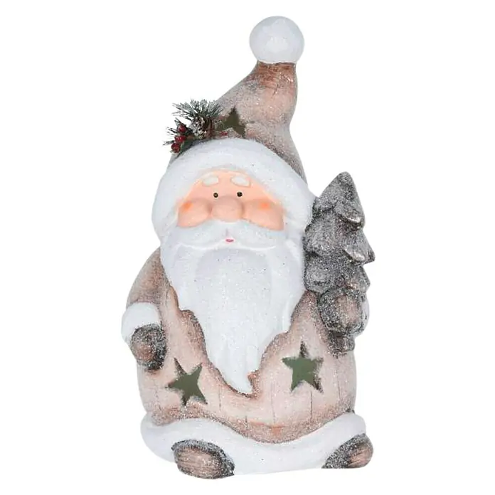 Figura LED navideña Papá Noel con estrellas - Gris - Santa decorativo con abeto y recortes de estrellas. La figura marrón y blanca está cubierta de nieve brillante, un punto de luz durante la Navidad.