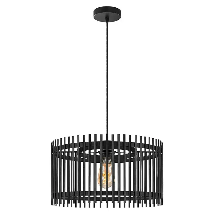 Home Sweet Home Bamboo Pendelleuchte rund - 10 W, Ø x H: 40 x 126 cm, Schwarz, E27 - Elegante Pendelleuchte in Schwarz mit einem runden Lampenschirm aus vertikalen Stäben und einer warm leuchtenden Edison-Glühbirne.