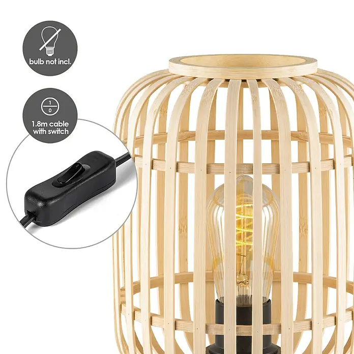 Home Sweet Home Bamboo Tischleuchte - 10 W, L x B x H: 21,5 x 21,5 x 30 cm, Natur, E27 - Tischleuchte aus hellem Holz mit Schalter am 1,8 m langen Kabel. Hinweis: Leuchtmittel ist nicht enthalten.