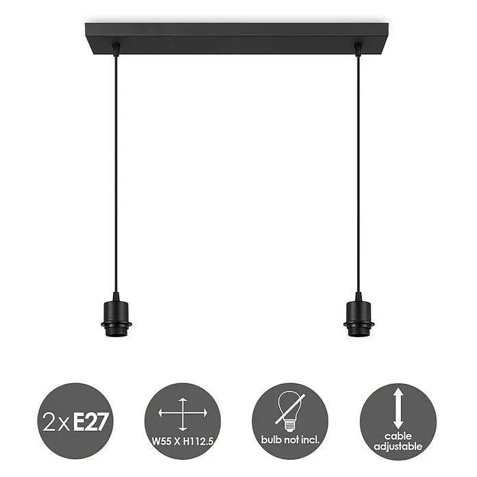 Home Sweet Home Pendelleuchte Beam - 10 W, L x B x H: 9,5 x 55 x 112,5 cm, Schwarz, E27 - Schwarze 2-flammige Pendelleuchte mit verstellbaren Kabeln und E27 Fassung. Die Leuchtmittel sind nicht enthalten.