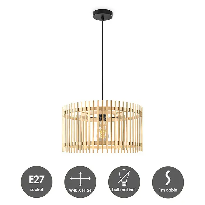 Home Sweet Home Bamboo Pendelleuchte rund - 10 W, Ø x H: 40 x 126 cm, Natur, E27 - Hängeleuchte mit einem Lampenschirm aus Holzstäben, die eine moderne und natürliche Atmosphäre erzeugt. Die Lampe hat eine E27-Fassung und ein 1m langes Kabel.