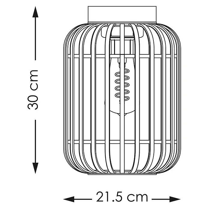 Home Sweet Home Bamboo Deckenleuchte - 10 W, L x B x H: 21,5 x 21,5 x 30 cm, Natur, E27 - Skizze einer Deckenleuchte mit Bambuskorb und den Maßen 30 cm Höhe und 21,5 cm Breite.