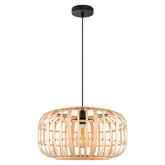Home Sweet Home Bamboo Pendelleuchte - 10 W, L x B x H: 40 x 40 x 126 cm, Natur, E27 - Elegante Hängeleuchte mit einem Schirm aus hellem Holz und einer warmen, vintage-inspirierten Glühbirne. Die Lampe hängt an einem schwarzen Kabel.