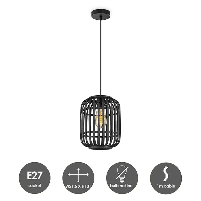 Home Sweet Home Bamboo Pendelleuchte - 10 W, L x B x H: 21,5 x 21,5 x 131 cm, Schwarz, E27 - Hängeleuchte aus Bambus mit E27-Fassung, Durchmesser 21,5 cm und Höhe 131 cm. Die Glühbirne ist nicht im Lieferumfang enthalten.