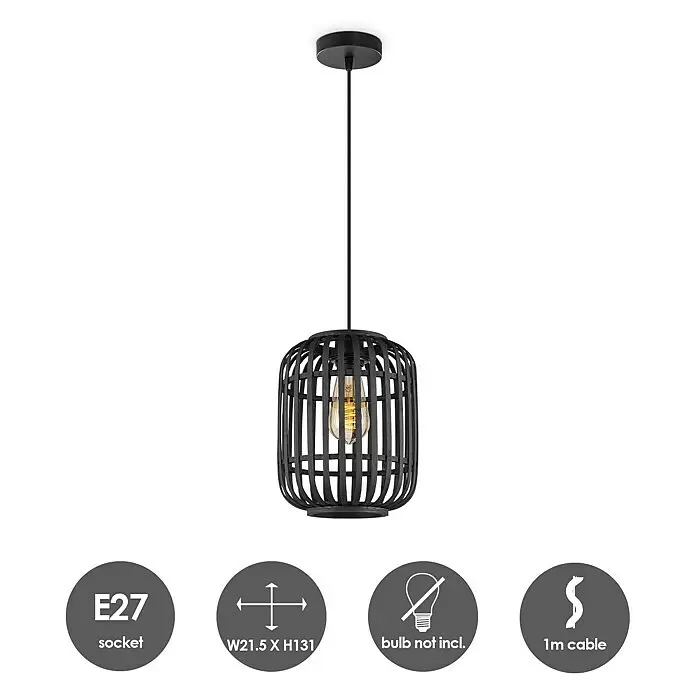 Home Sweet Home Bamboo Pendelleuchte10 W, L x B x H: 21,5 x 21,5 x 131 cm, Schwarz, E27
