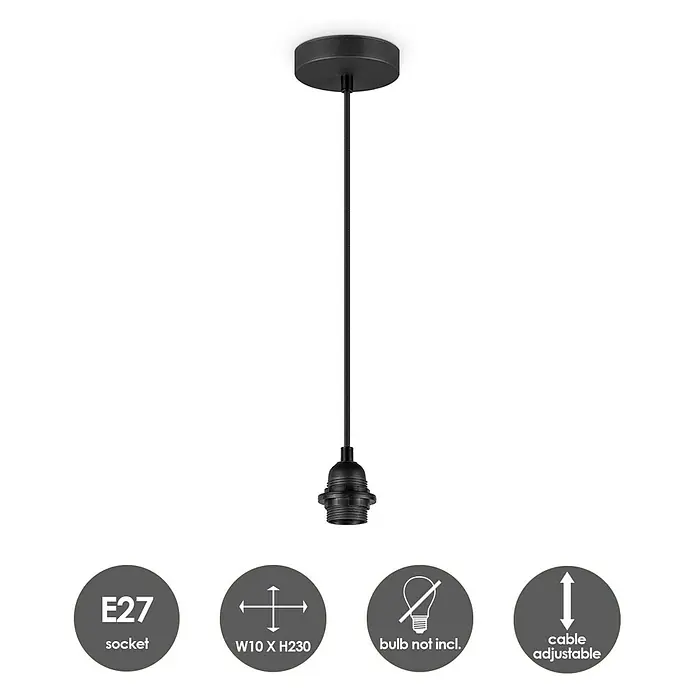 Home Sweet Home Pendelleuchte Fabric - 10 W, L x B x H: 10 x 10 x 230 cm, Schwarz, E27 - Schwarze E27 Pendelleuchte mit verstellbarem Kabel und der Information, dass keine Glühbirne inklusive ist.