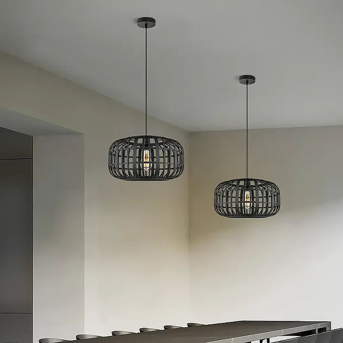 Home Sweet Home Bamboo Pendelleuchte - 10 W, L x B x H: 40 x 40 x 126 cm, Schwarz, E27 - Zwei dekorative schwarze Hängeleuchten mit einem modernen, minimalistischen Design, ideal für Esszimmer oder Wohnbereiche.