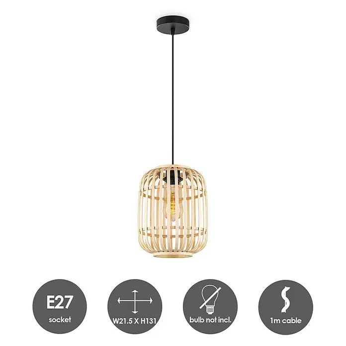 Home Sweet Home Bamboo Pendelleuchte - 10 W, L x B x H: 21,5 x 21,5 x 131 cm, Natur, E27 - Bild einer Pendelleuchte mit einem Lampenschirm aus Holzlamellen und einer schwarzen Aufhängung. Die Lampe hat eine E27 Fassung.