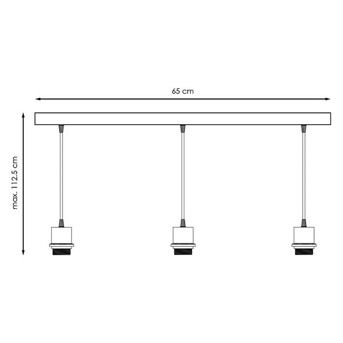 Home Sweet Home Pendelleuchte Pendelleuchte - Beam - 10 W, L x B x H: 9,5 x 65 x 112,5 cm, Schwarz, E27 - Schemazeichnung einer Deckenleuchte mit drei Pendeln und den Maßen 65 cm Breite und max. 112,5 cm Höhe.