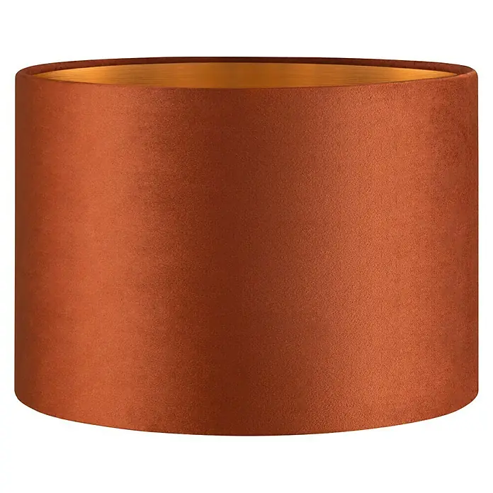Home Sweet Home Lampenschirm Velvet - Braun-Gold, E27, 30 x 30 x 20 cm - Nahaufnahme eines zylinderförmigen Lampenschirms in einem warmen Terrakotta-Ton mit goldenem Interieur, der eine elegante Beleuchtungslösung darstellt.