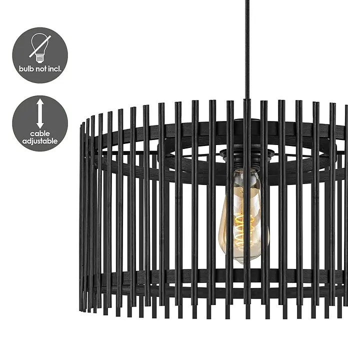 Home Sweet Home Bamboo Pendelleuchte rund - 10 W, Ø x H: 40 x 126 cm, Schwarz, E27 - Elegante Pendelleuchte mit schwarzem Holzrahmen und Vintage-Glühbirne (nicht enthalten). Die Kabellänge ist verstellbar für individuelle Anpassung.
