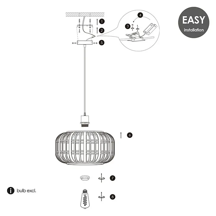 Home Sweet Home Bamboo Pendelleuchte - 10 W, L x B x H: 40 x 40 x 126 cm, Natur, E27 - Eine Schritt-für-Schritt-Anleitung zur Installation einer stilvollen Pendelleuchte, inklusive Deckenbefestigung, Lampenschirm und Leuchtmittel.