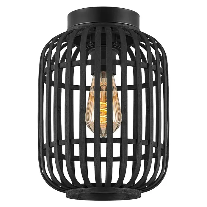 Home Sweet Home Bamboo Deckenleuchte - 10 W, L x B x H: 21,5 x 21,5 x 30 cm, Schwarz, E27 - Eine moderne Deckenleuchte mit einem schwarzen Holzgeflecht und einer warm leuchtenden Edison-Glühbirne im Zentrum.