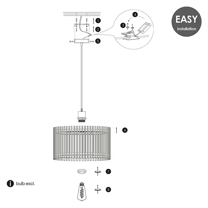 Home Sweet Home Bamboo Pendelleuchte rund - 10 W, Ø x H: 40 x 126 cm, Schwarz, E27 - Abbildung einer Montageanleitung für eine Hängelampe mit hölzernem Lampenschirm und Schritt-für-Schritt Anweisungen.