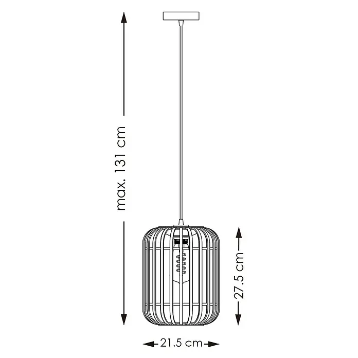 Home Sweet Home Bamboo Pendelleuchte - 10 W, L x B x H: 21,5 x 21,5 x 131 cm, Schwarz, E27 - Technische Zeichnung einer Hängelampe mit den Maßen: maximale Höhe 131cm, Höhe des Lampenschirms 27,5cm und Durchmesser 21,5cm.